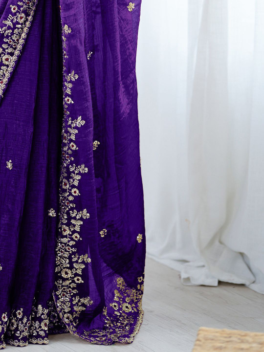 Purple Tissue Silk Sequins Embroidery Saree (GS11345) - Image 5