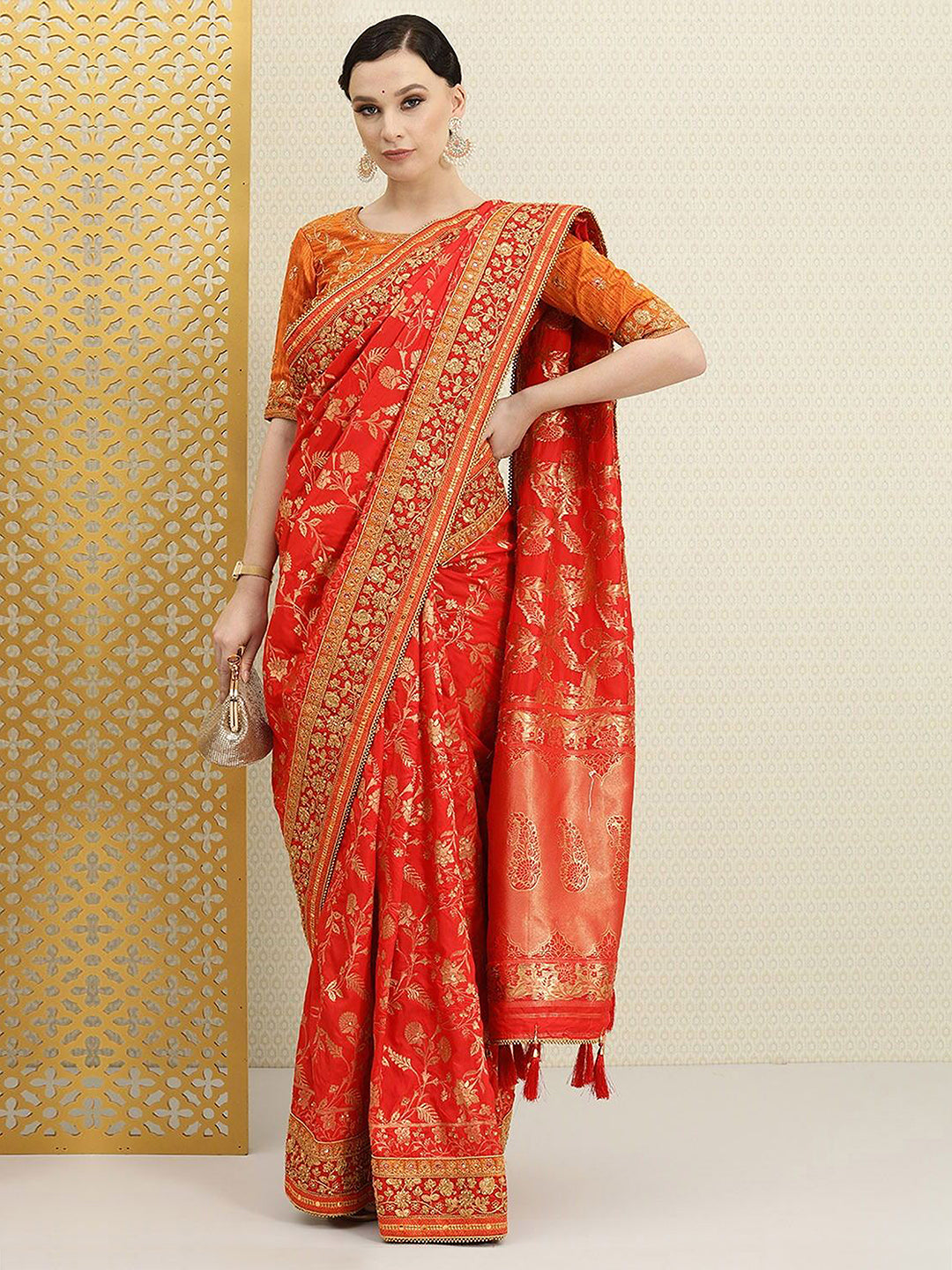 Floral Beads, Stones & Sequined Silk Blend Banarasi Saree (GS11999) - Image 4