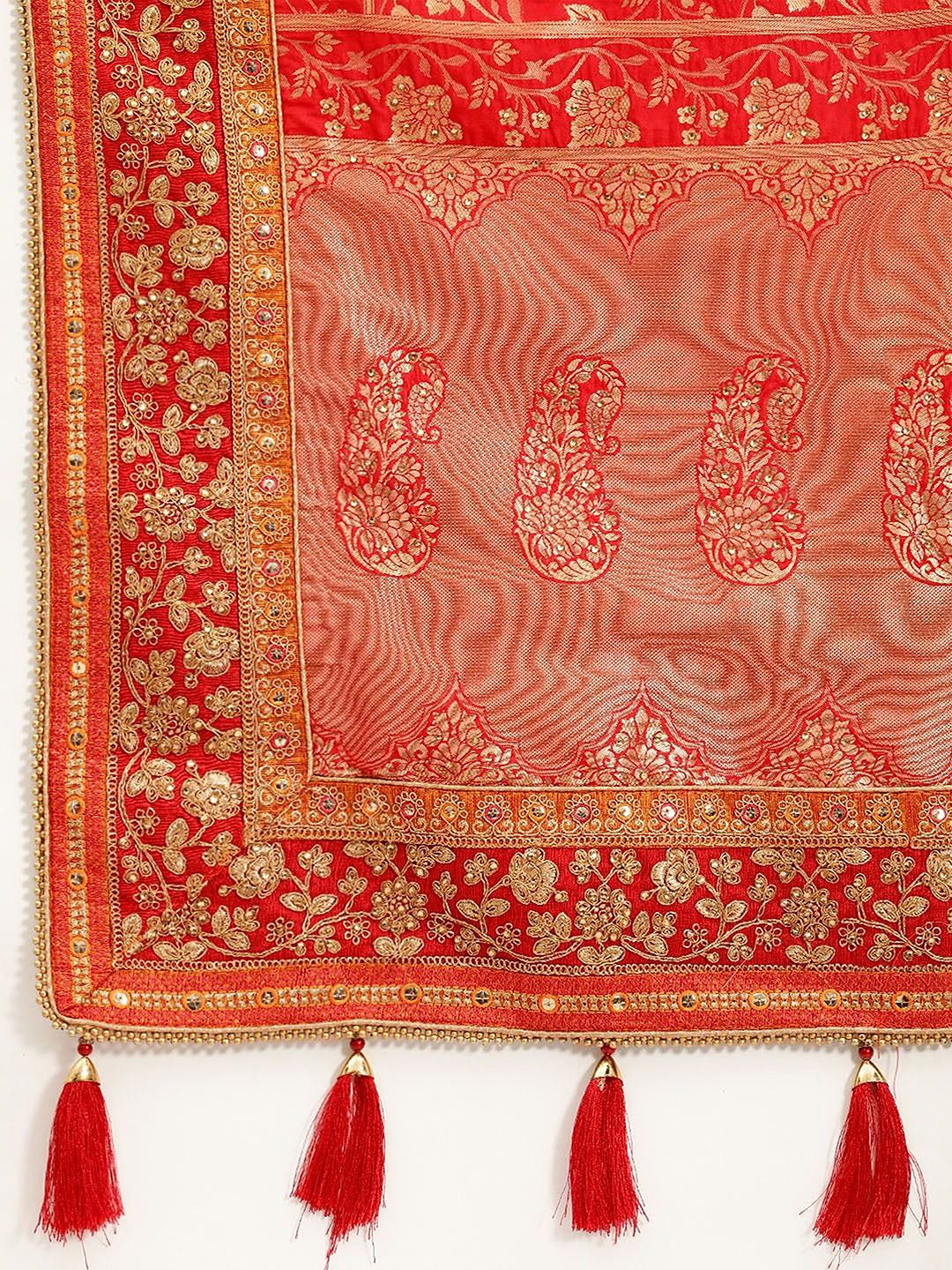 Floral Beads, Stones & Sequined Silk Blend Banarasi Saree (GS11999) - Image 7