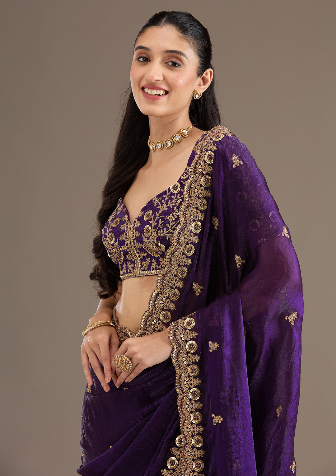 Purple Zariwork & Sequins Embroidery Tissue Saree (GS11122) - Image 2