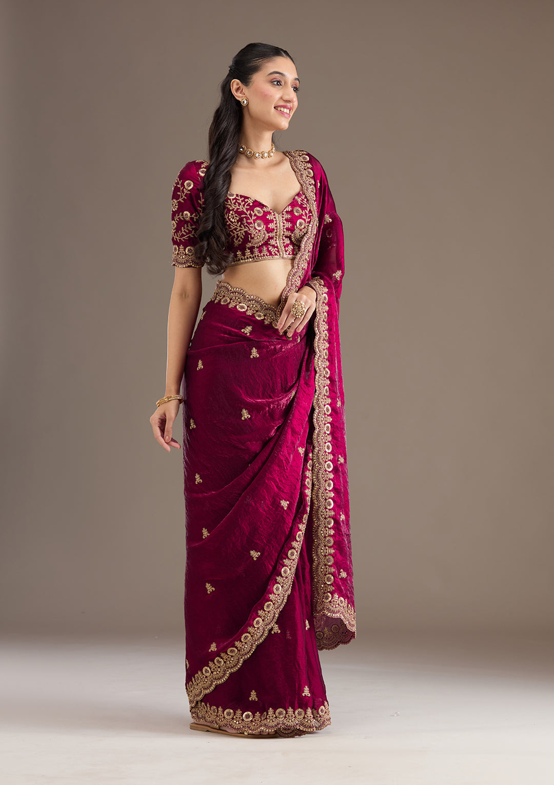 Dark Maroon Zariwork & Sequins Embroidery Tissue Saree (GS11121) - Image 6