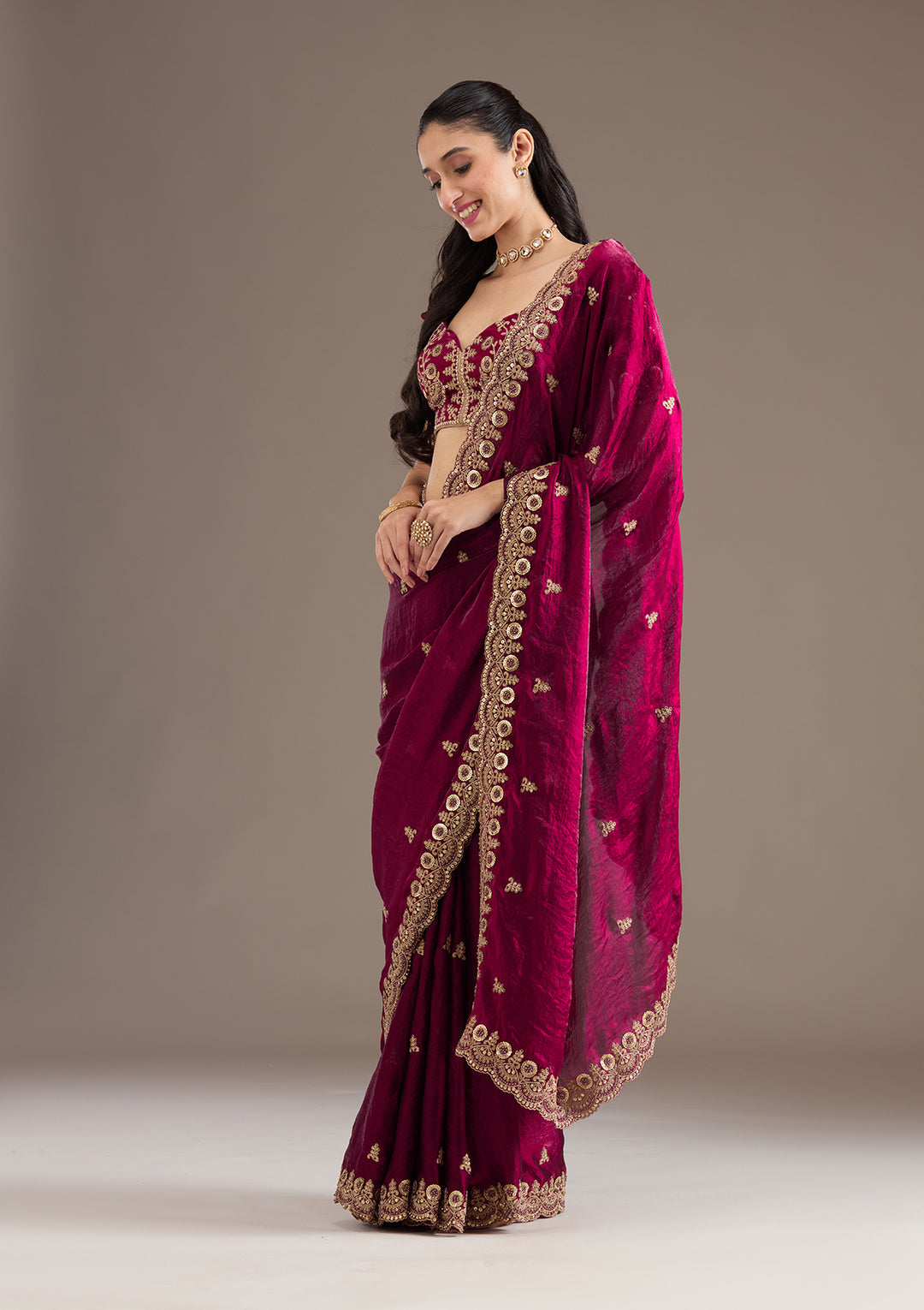 Dark Maroon Zariwork & Sequins Embroidery Tissue Saree (GS11121) - Image 5