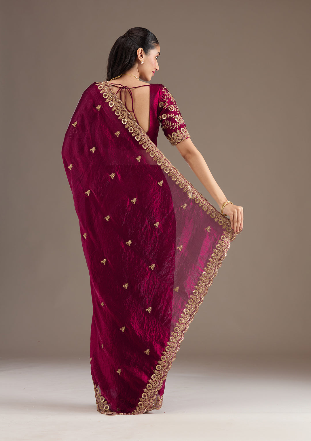 Dark Maroon Zariwork & Sequins Embroidery Tissue Saree (GS11121) - Image 4