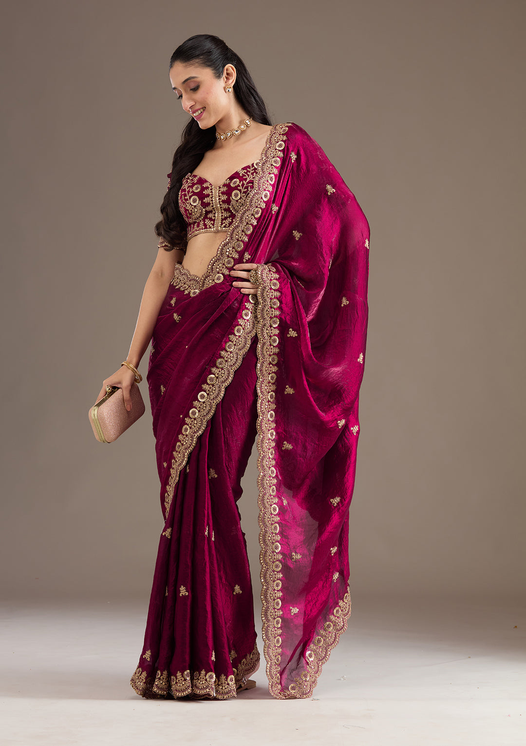 Dark Maroon Zariwork & Sequins Embroidery Tissue Saree (GS11121) - Image 3