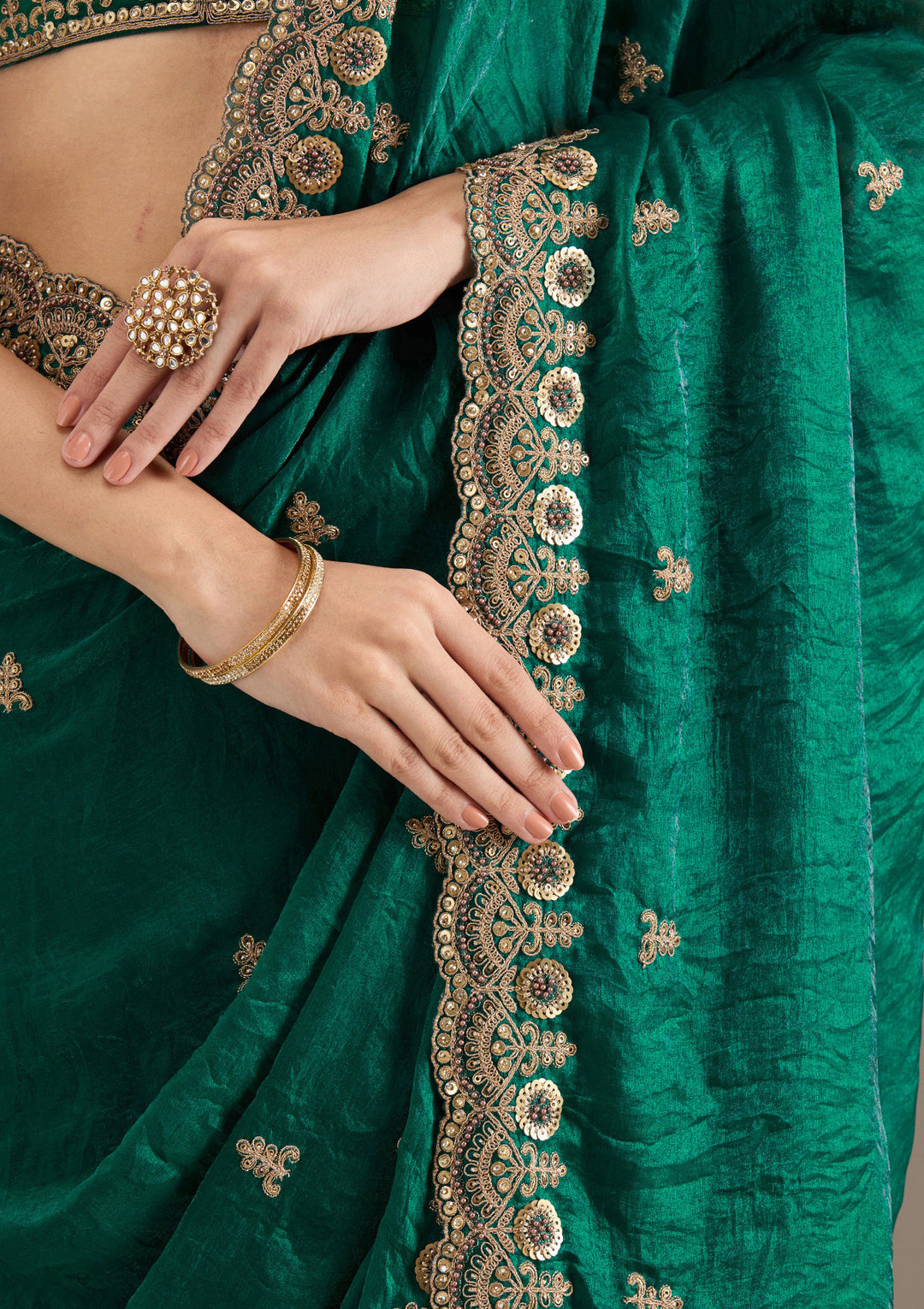Peacock Green Zariwork & Sequins Embroidery Tissue Saree (GS11123) - Image 7