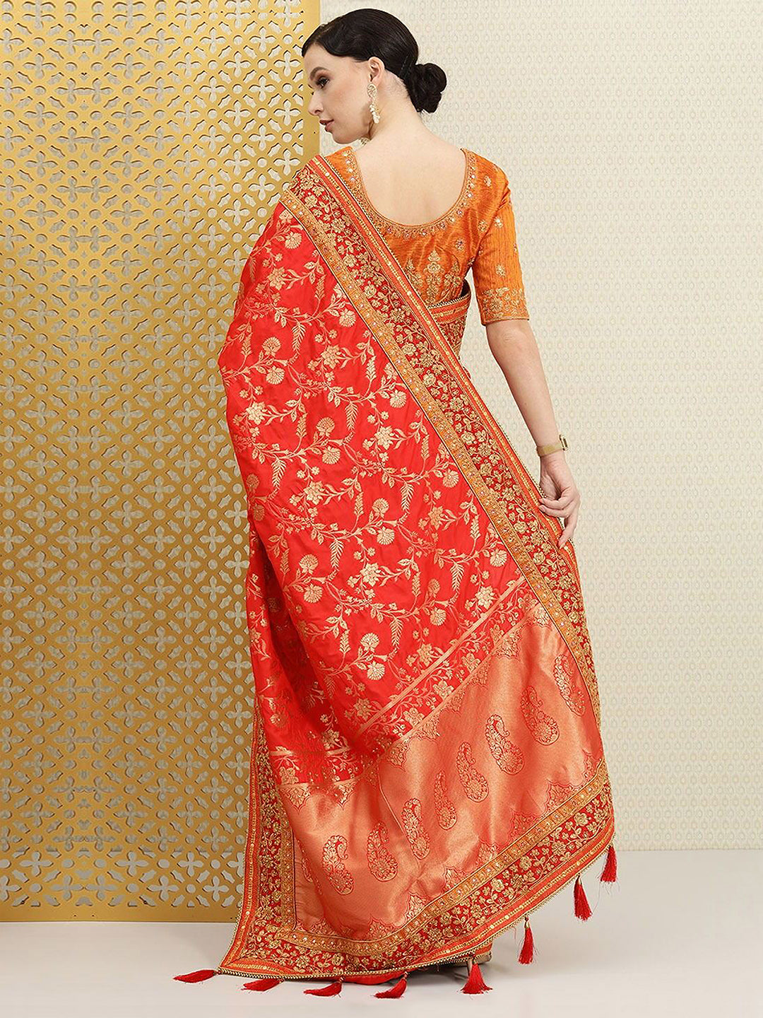 Floral Beads, Stones & Sequined Silk Blend Banarasi Saree (GS11999) - Image 3