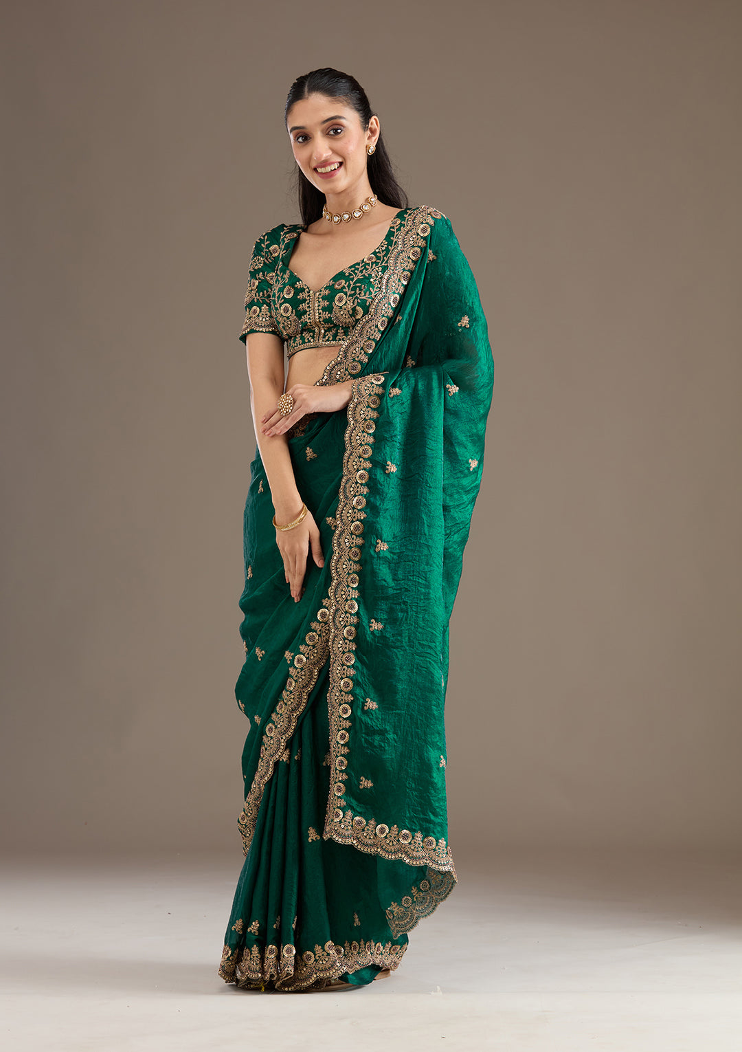 Peacock Green Zariwork & Sequins Embroidery Tissue Saree (GS11123) - Image 5