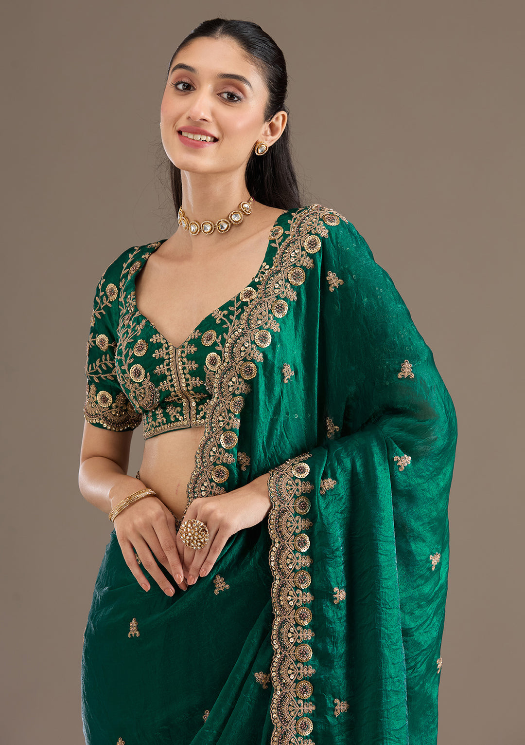 Peacock Green Zariwork & Sequins Embroidery Tissue Saree (GS11123) - Image 2