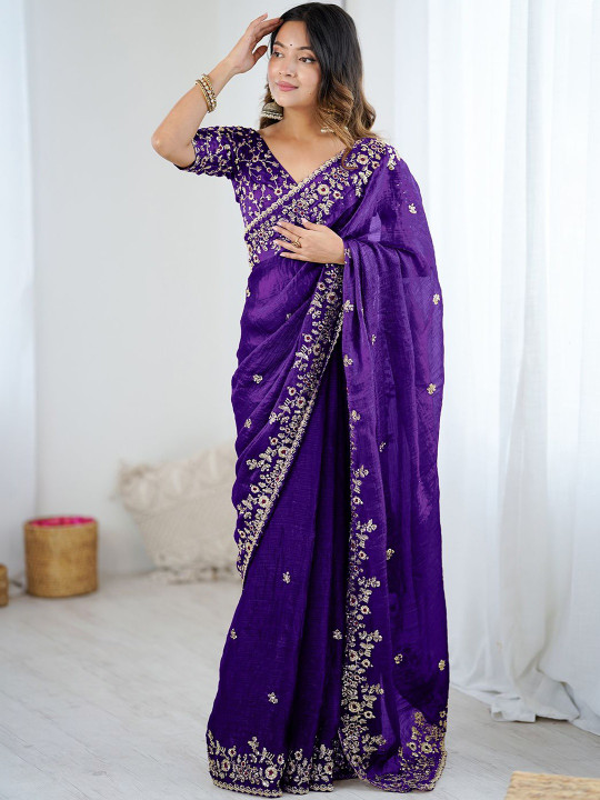 Purple Tissue Silk Sequins Embroidery Saree (GS11345) - Image 3