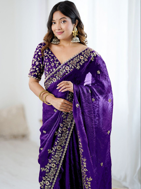 Purple Tissue Silk Sequins Embroidery Saree (GS11345) - Image 2