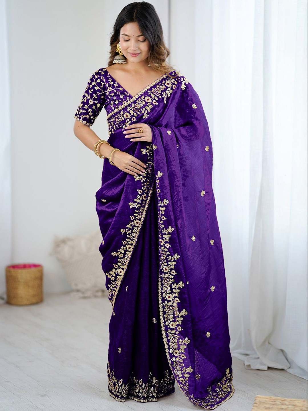 Purple Tissue Silk Sequins Embroidery Saree (GS11345)