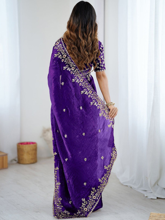 Purple Tissue Silk Sequins Embroidery Saree (GS11345) - Image 4